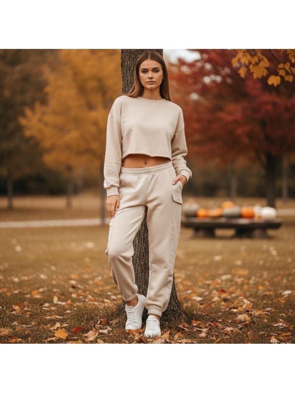 Better / Together Women's Baggy Cargo Fleece Sweat Pants Beige Lounge joggers L